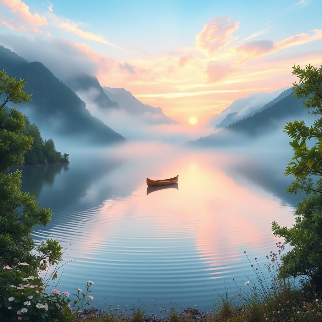 A beautiful, ethereal landscape showcasing a serene lake surrounded by misty mountains