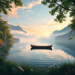 A beautiful, ethereal landscape showcasing a serene lake surrounded by misty mountains