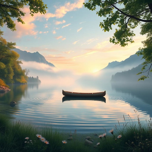 A beautiful, ethereal landscape showcasing a serene lake surrounded by misty mountains