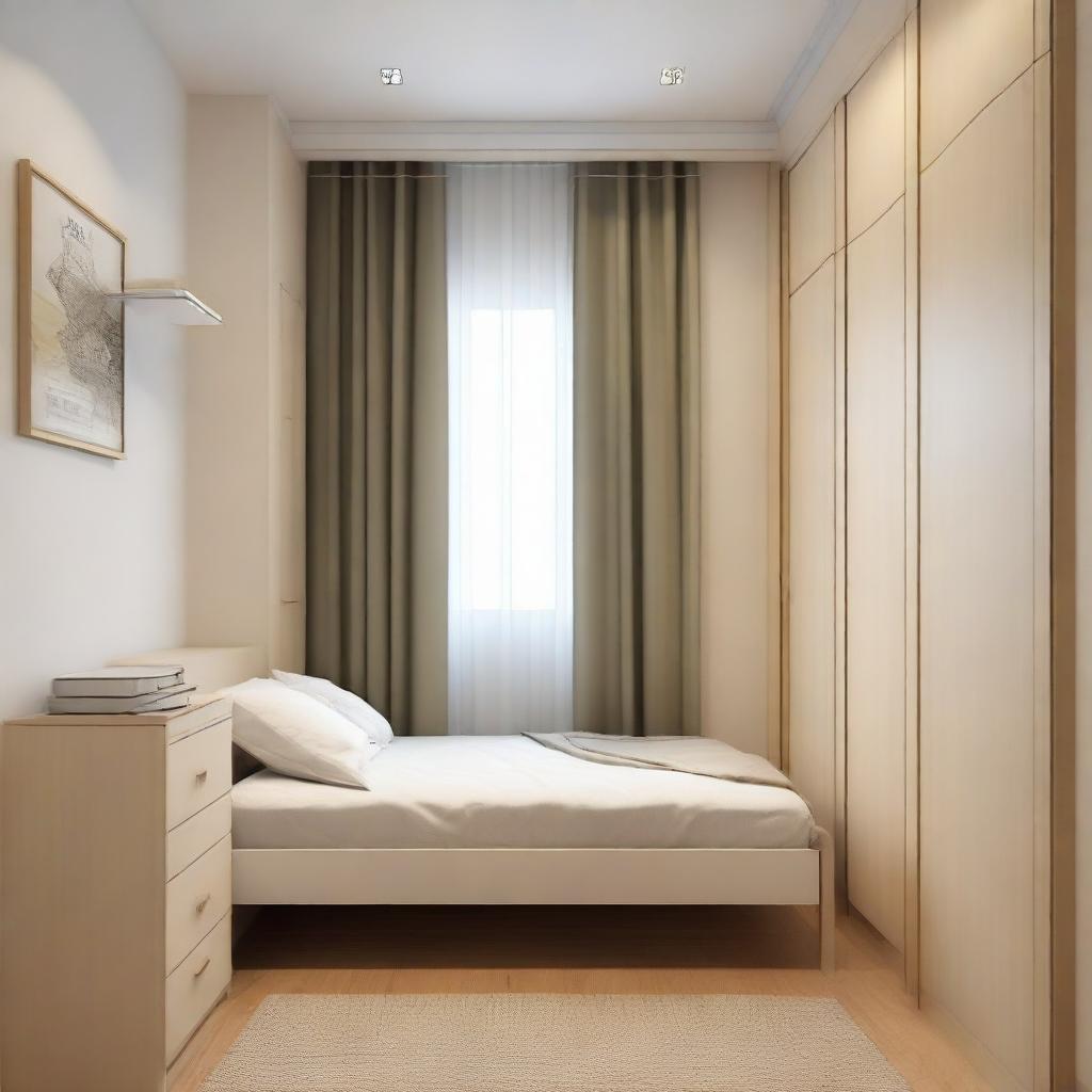 A petite room measuring 2m by 6m, adorned with a 2.5m by 50cm wardrobe and a 2m by 90cm bed.