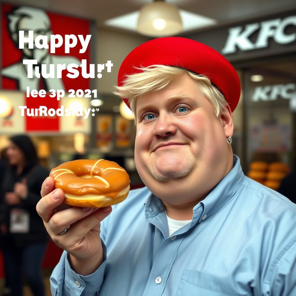 A humorous scene featuring a KFC manager named Dominik wishing everyone a happy Fat Thursday with a delicious donut