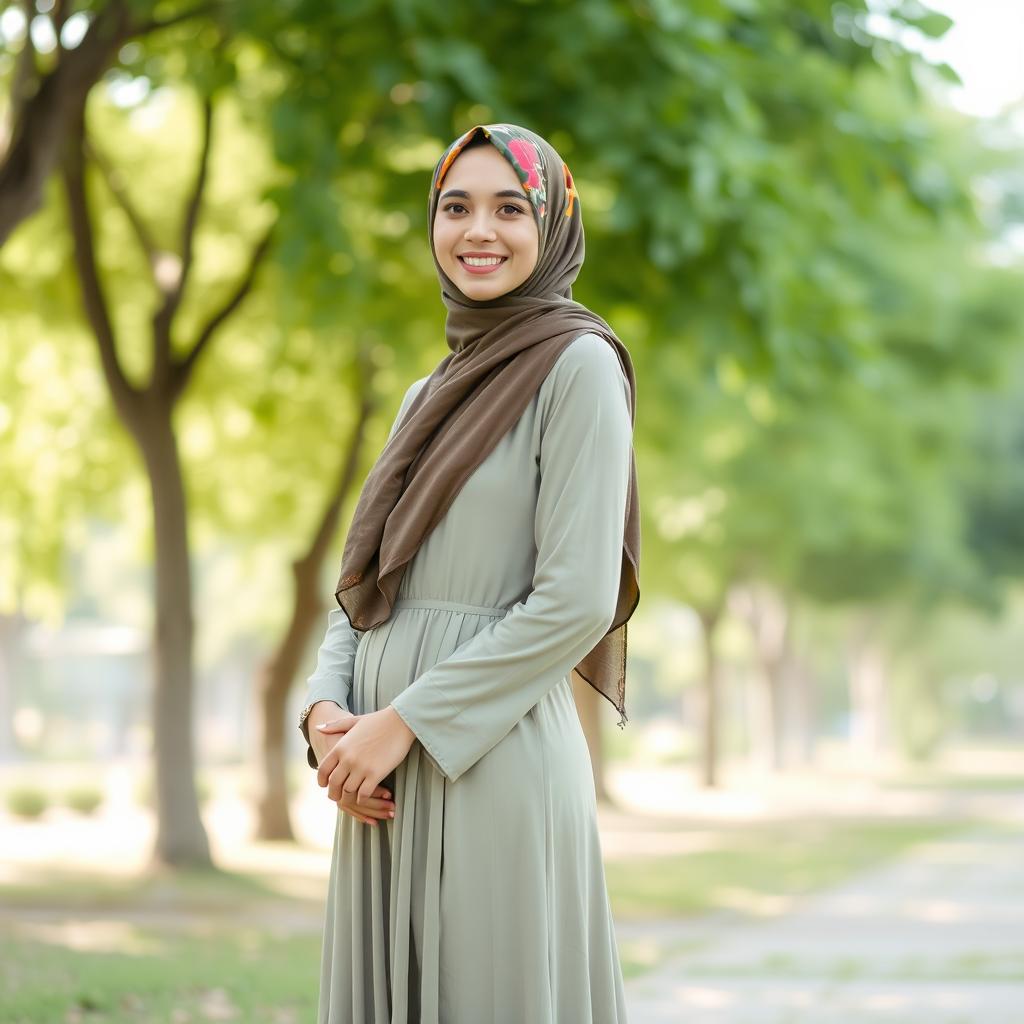 A beautiful young woman wearing a colorful hijab standing gracefully
