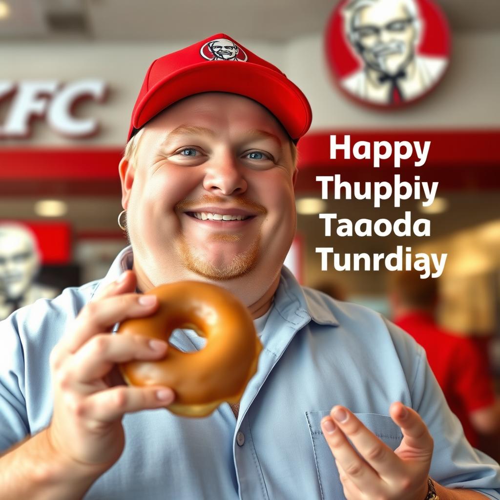 A cheerful KFC manager named Dominik, who is 23 years old, wishes a happy Fat Thursday while holding a delicious donut