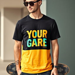 A stylish display of a trendy graphic tee for men, showcasing a modern, eye-catching design that incorporates a bold, inspiring quote centered on the front