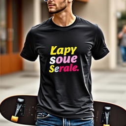 A stylish display of a trendy graphic tee for men, showcasing a modern, eye-catching design that incorporates a bold, inspiring quote centered on the front