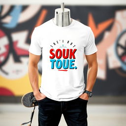 A stylish display of a trendy graphic tee for men, showcasing a modern, eye-catching design that incorporates a bold, inspiring quote centered on the front