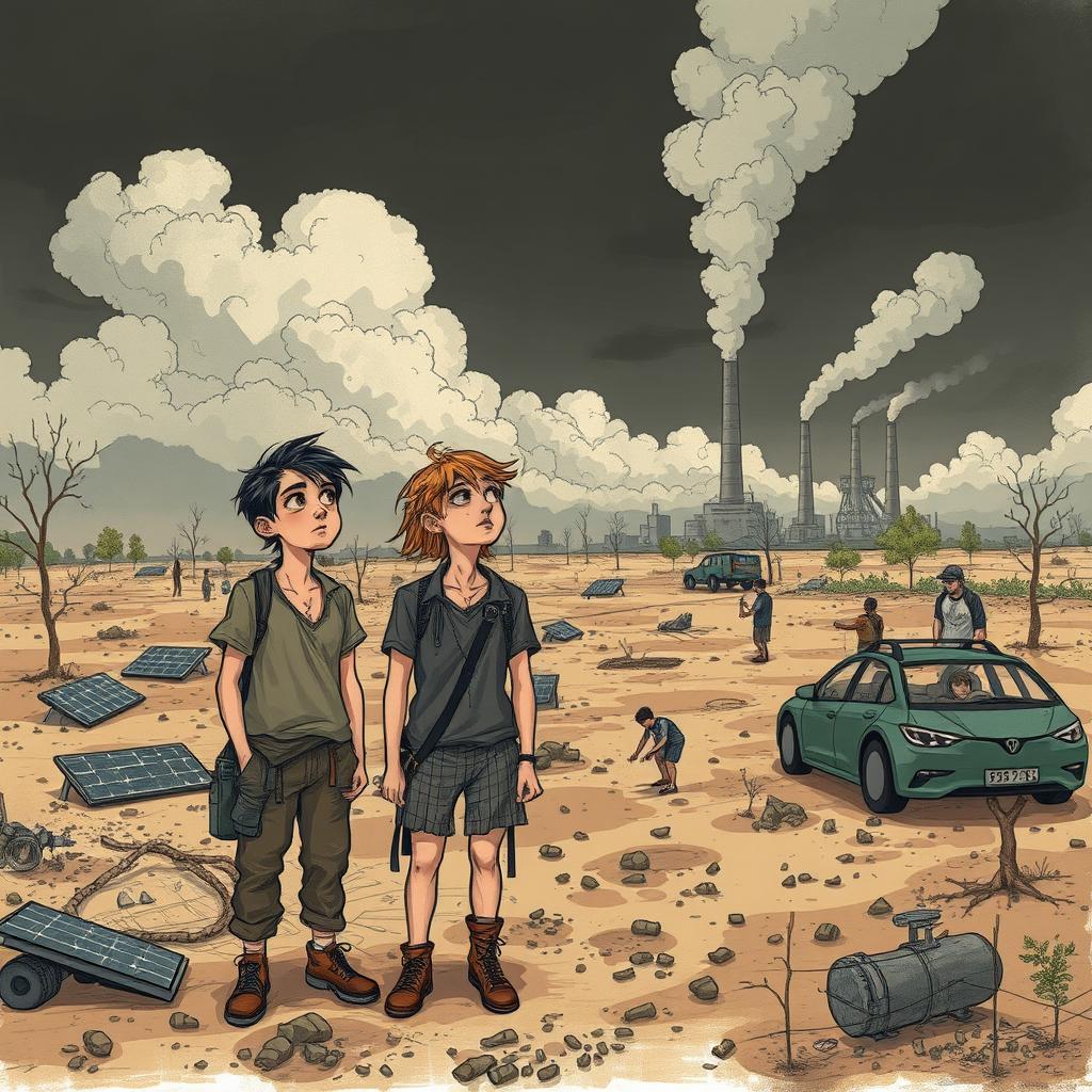 An imaginative and thought-provoking illustration depicting a dystopian future where future generations face the consequences of not using energy efficiently