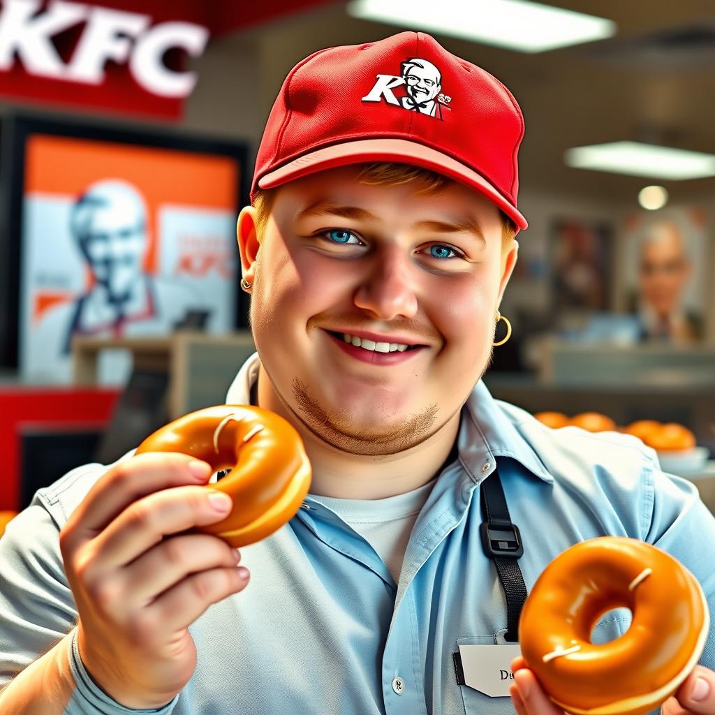 A cheerful young man who is the manager of KFC, wishing everyone a tasty doughnut for Fat Thursday