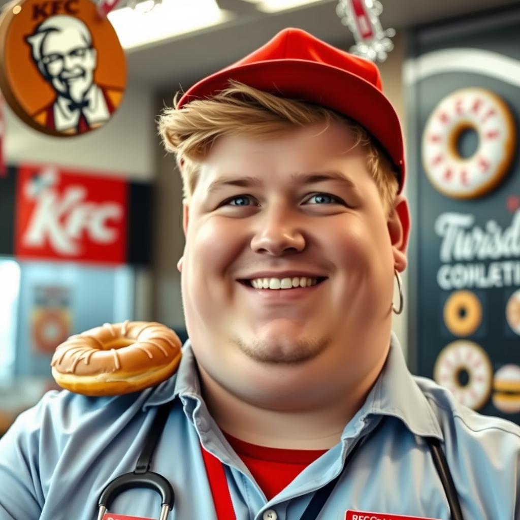 A cheerful KFC manager named Dominik, a young, attractive 20-year-old man with a plump build and short blonde hair, is wishing everyone a tasty donut on Fat Thursday