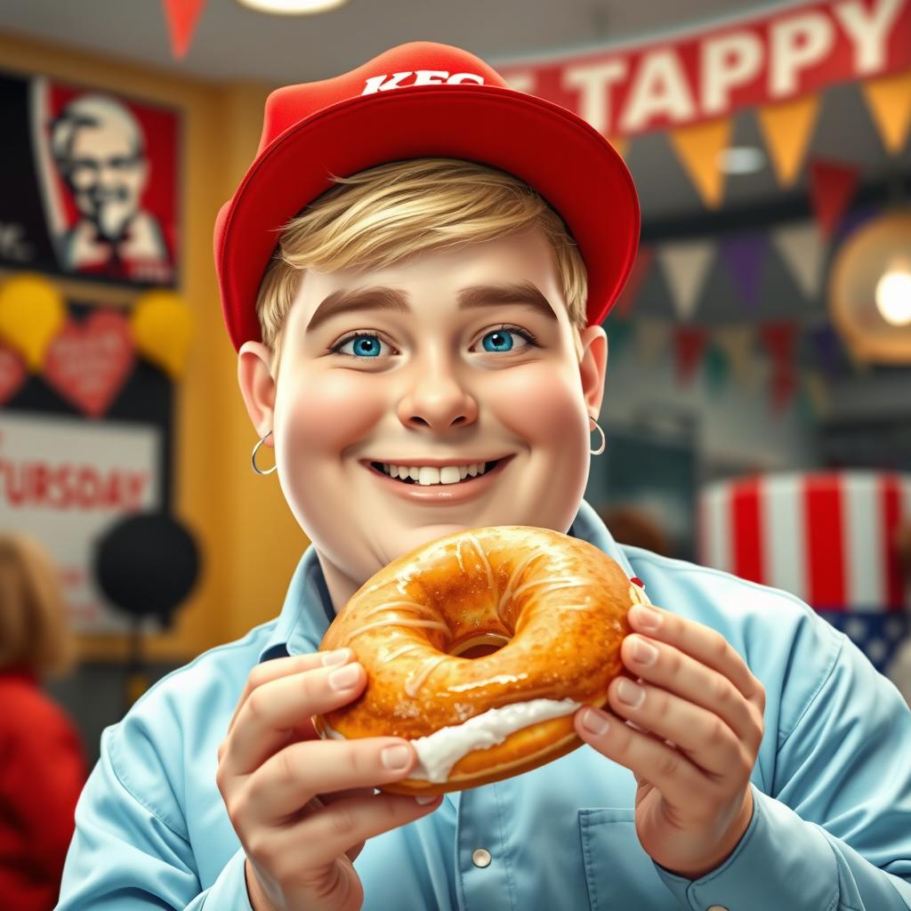 A cheerful KFC manager named Dominik, a young student around 20 years old, is wishing everyone a happy Fat Thursday while holding a delicious paczki (Polish donut)