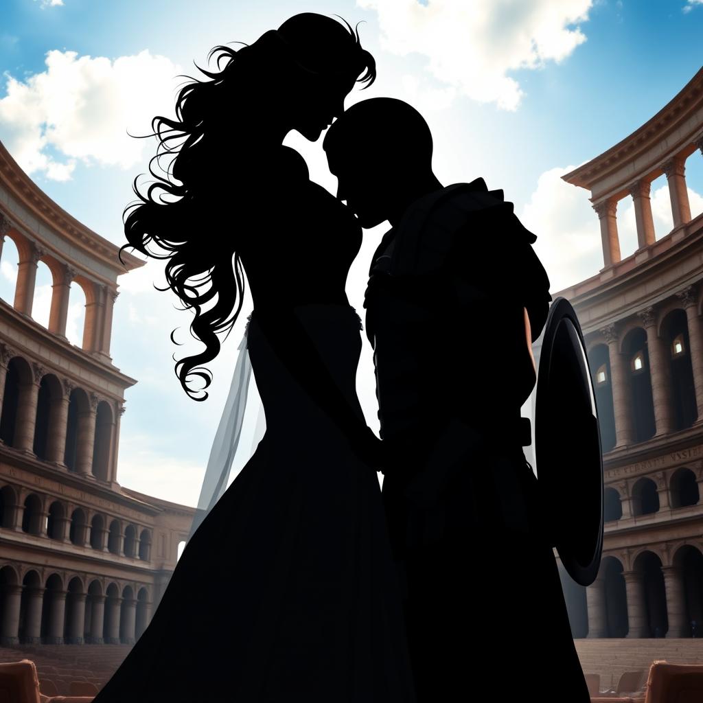 A picturesque romance fantasy book cover featuring the silhouette of a couple about to kiss, set against the backdrop of a grand arena bathed in daylight