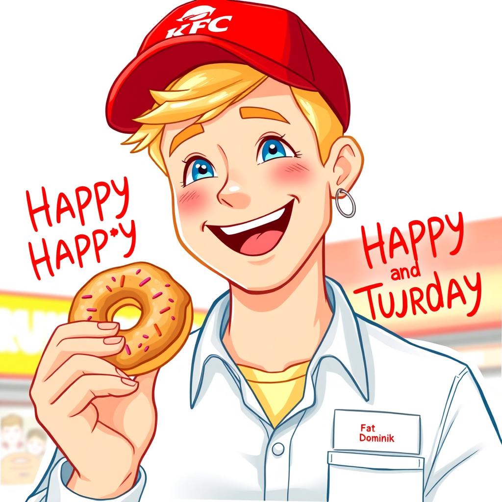 An illustration depicting a cheerful KFC manager joyfully wishing everyone a happy Fat Thursday, holding a delicious donut