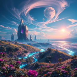 A stunning iridium-based world with vibrant landscapes, featuring iridescent surfaces that reflect a myriad of colors