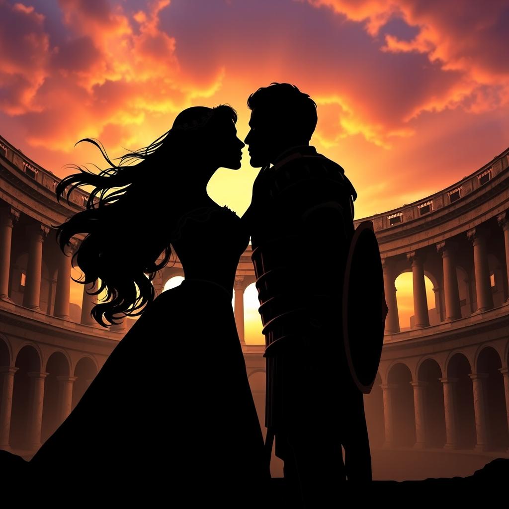 A captivating romance fantasy book cover featuring the silhouette of a couple about to kiss, with the grand arena in the background
