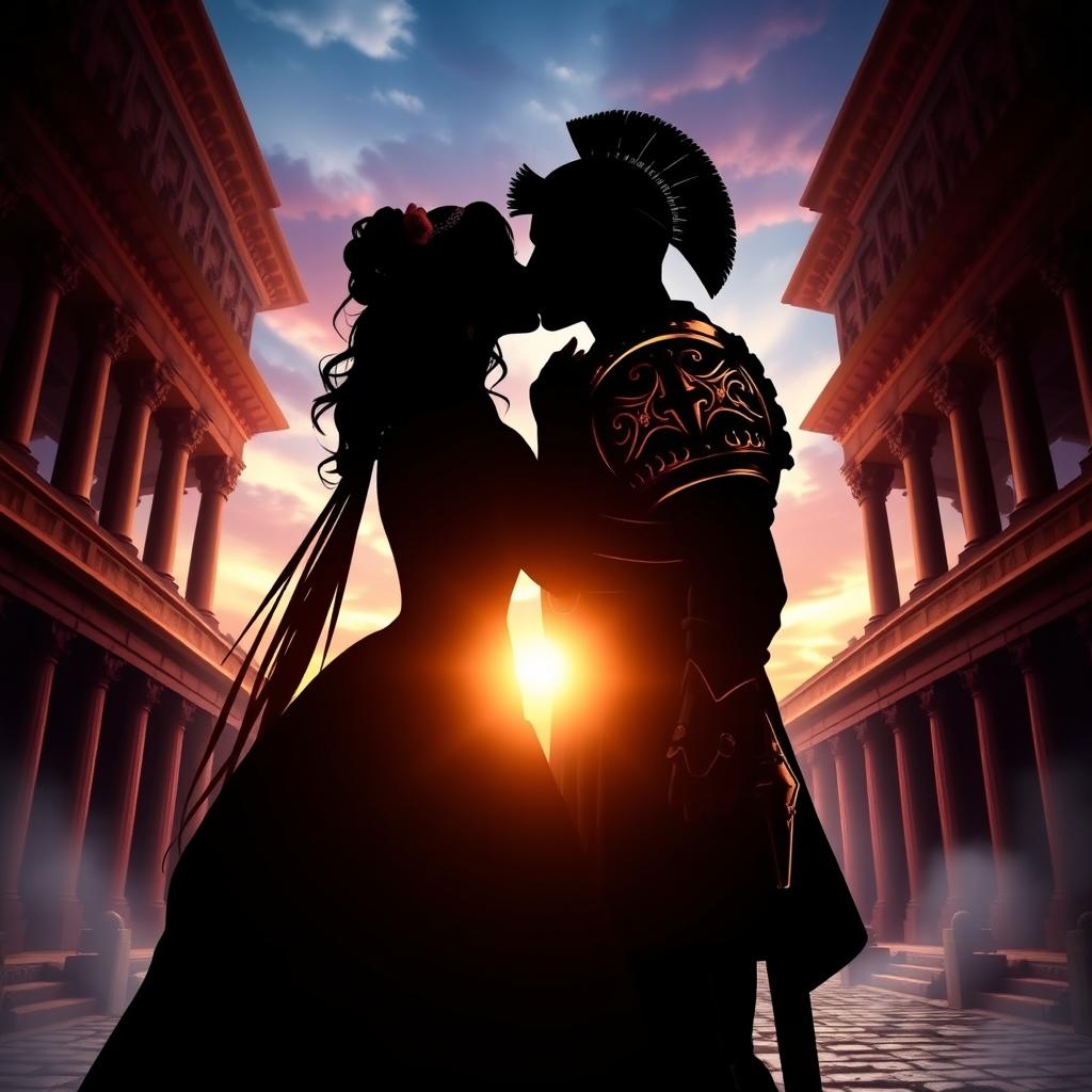 A stunning romance fantasy book cover featuring the silhouette of a couple on the verge of a kiss, with a magnificent arena in the background