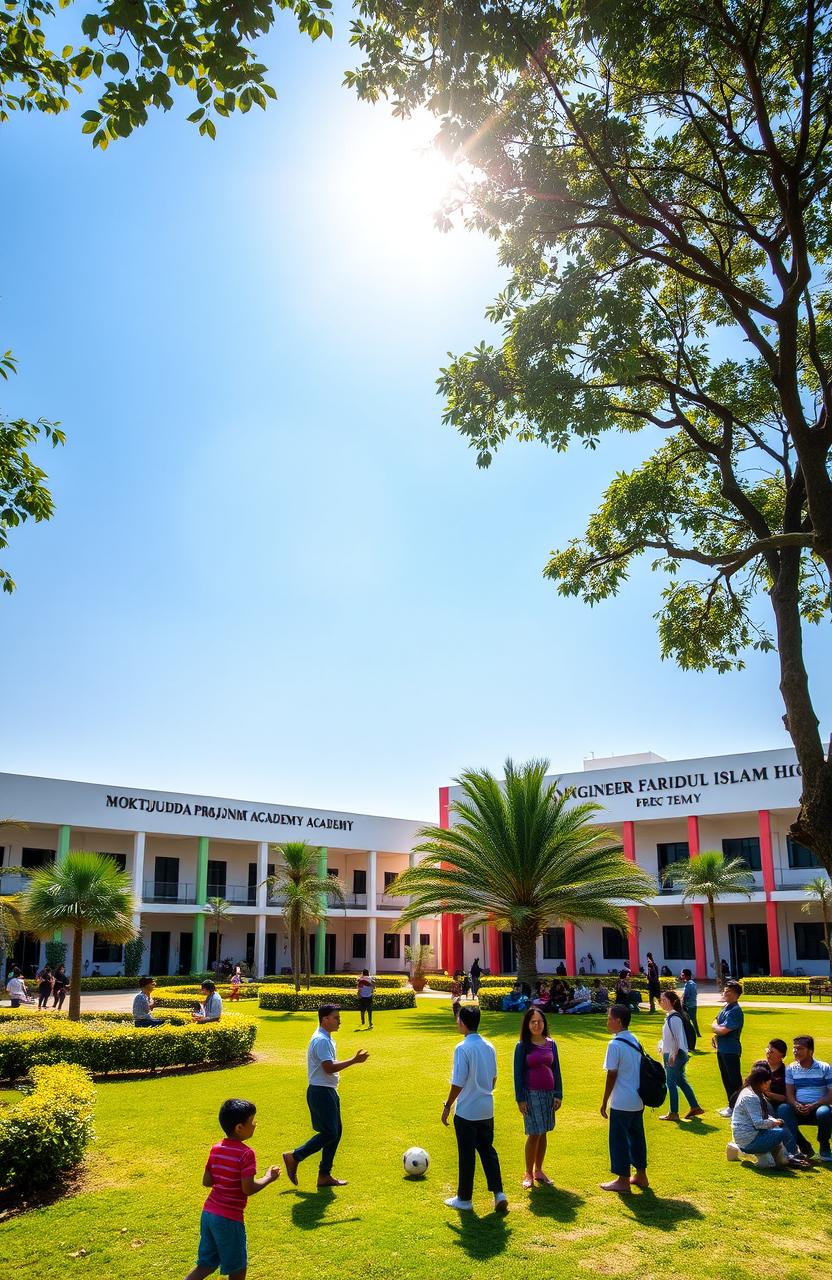 A scenic view of the Moktijudda Projonmo Academy and Engineer Faridul Islam High School, featuring modern architectural design with clean lines and vibrant colors