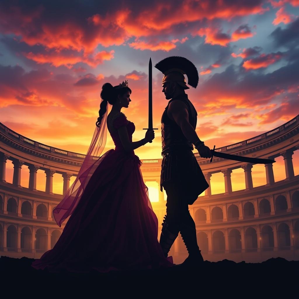 A captivating romance novel cover featuring the silhouettes of a couple: a regal princess adorned in a flowing gown and a strong gladiator wielding swords
