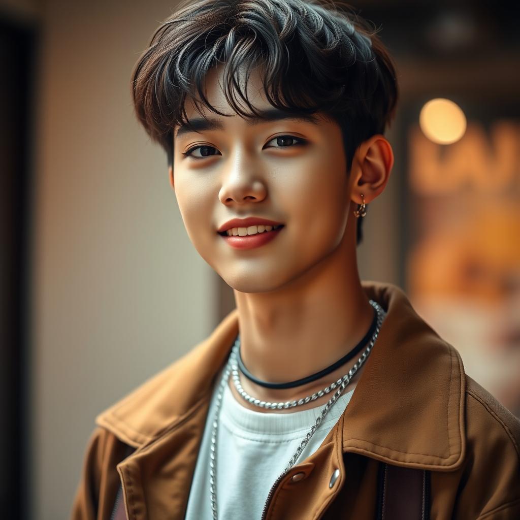 A striking portrait of a young man resembling the style of Taehyung from BTS, capturing his unique features such as a sharp jawline, deep-set eyes, and a charming smile