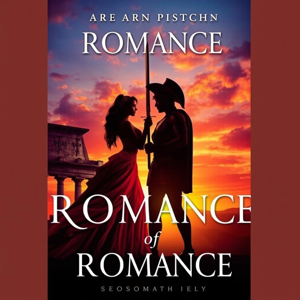 A captivating romance novel cover featuring the silhouettes of a couple: a majestic princess wearing a flowing gown and a strong gladiator brandishing swords