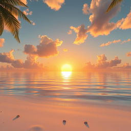 An enchanting 4K animated scene of a majestic golden sunset unfolding over a serene, crystal-clear ocean