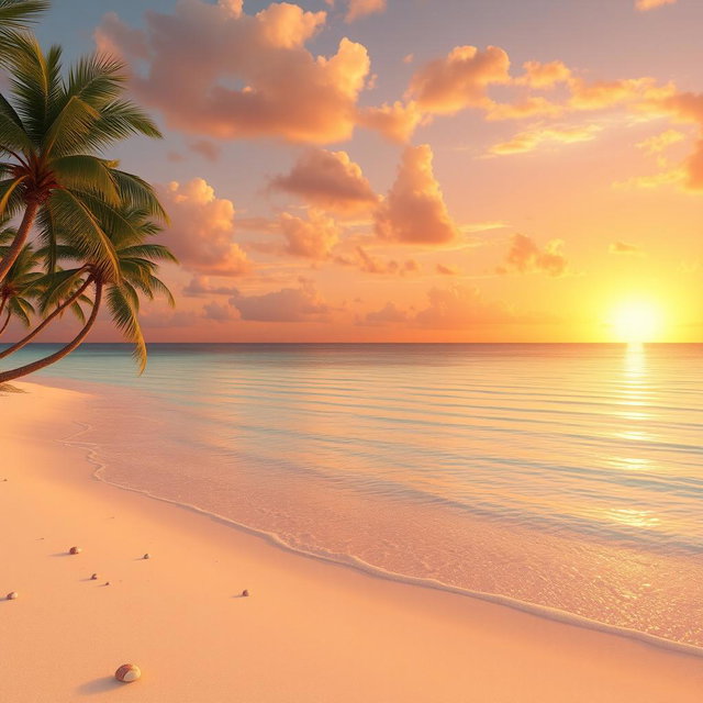 An enchanting 4K animated scene of a majestic golden sunset unfolding over a serene, crystal-clear ocean