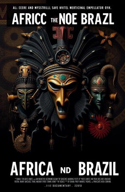 A striking documentary cover that explores the eerie and mysterious traditions of Africa and Brazil, featuring symbols and artifacts that represent these cultures