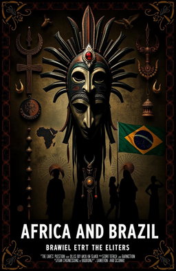 A striking documentary cover that explores the eerie and mysterious traditions of Africa and Brazil, featuring symbols and artifacts that represent these cultures