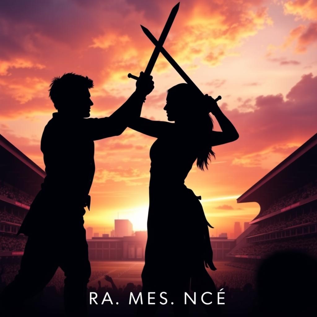 A stunning romance novel cover showcasing the silhouettes of a couple, both skillfully wielding swords, poised dramatically against each other