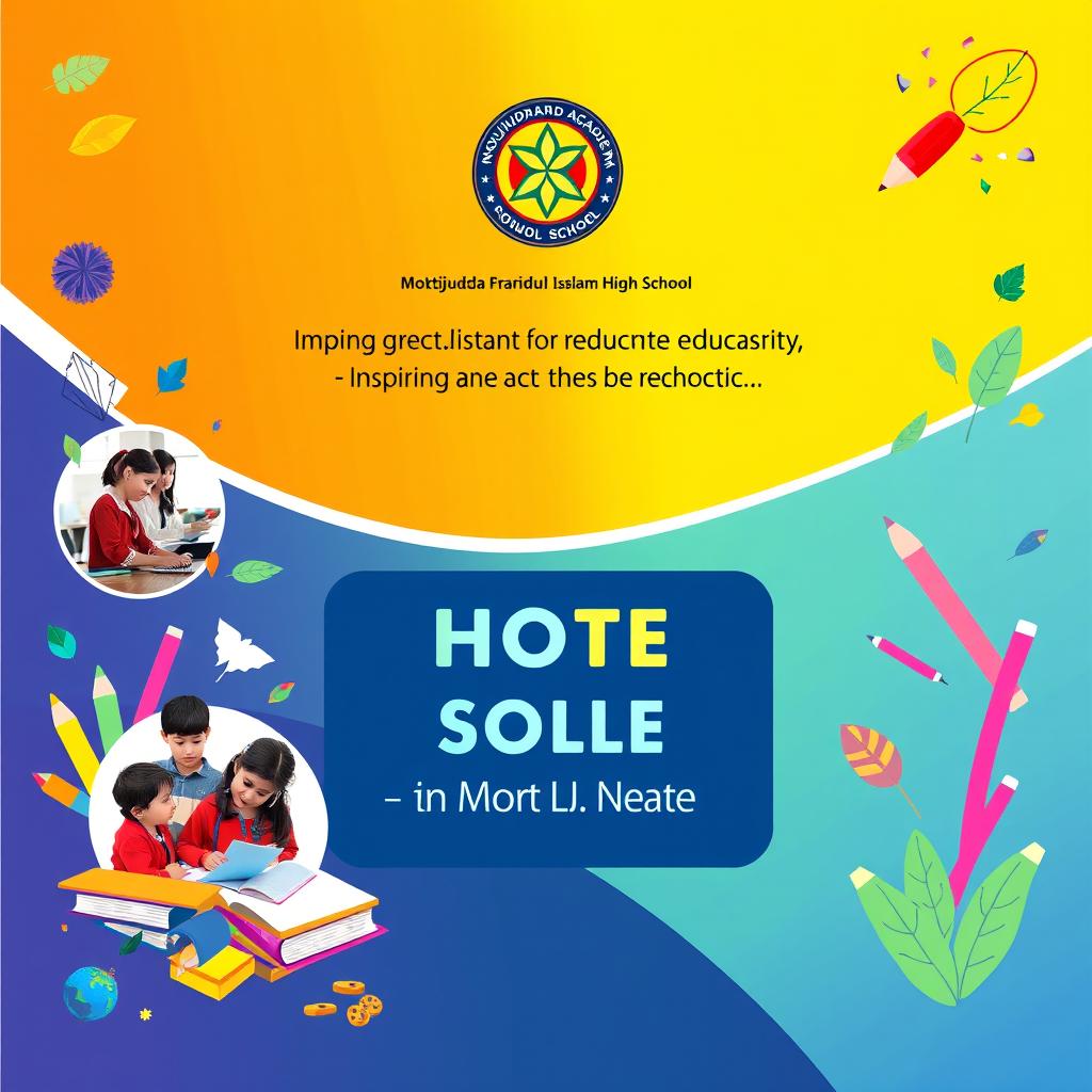 A visually appealing cover page design for Moktijudda Projonmo Academy & Engineer Faridul Islam High School, featuring an artistic blend of the school's logo and a modern, vibrant background