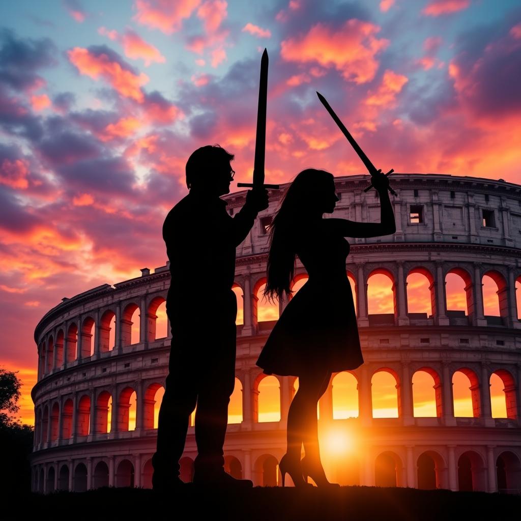An enchanting romance novel cover featuring the silhouettes of a couple, both brandishing swords as they stand poised against each other
