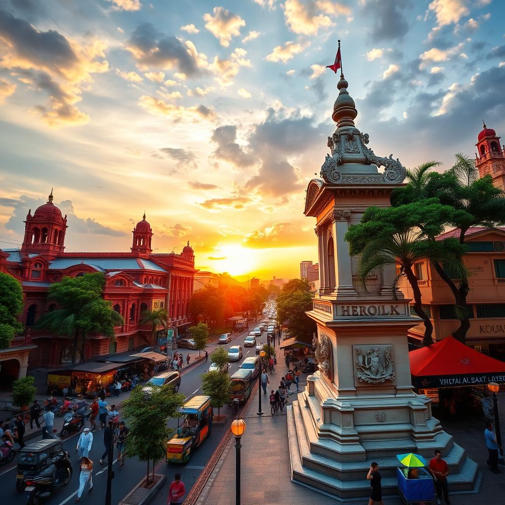A stunning, vibrant cityscape of Surabaya, Indonesia, showcasing the Heroik monument in the foreground