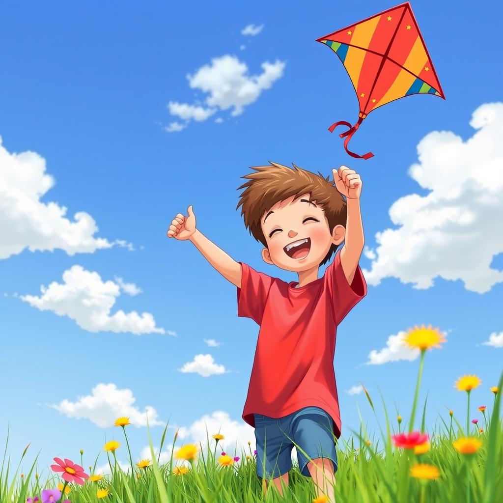 A boy joyfully flying a colorful kite on a sunny day, surrounded by green grass and bright flowers