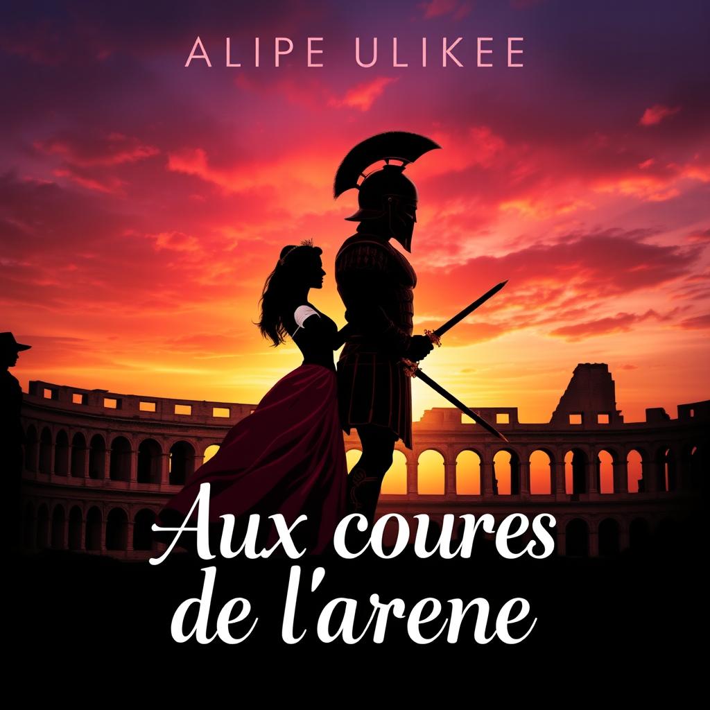A beautifully designed romance novel cover featuring the silhouettes of a couple: a graceful princess in a flowing gown and a fierce gladiator holding swords