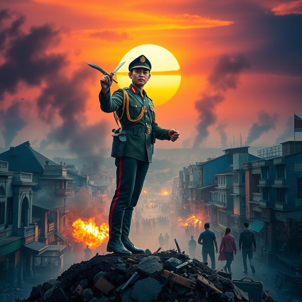 A dramatic and dynamic scene of a heroic figure inspired by historical events in Surabaya, Indonesia