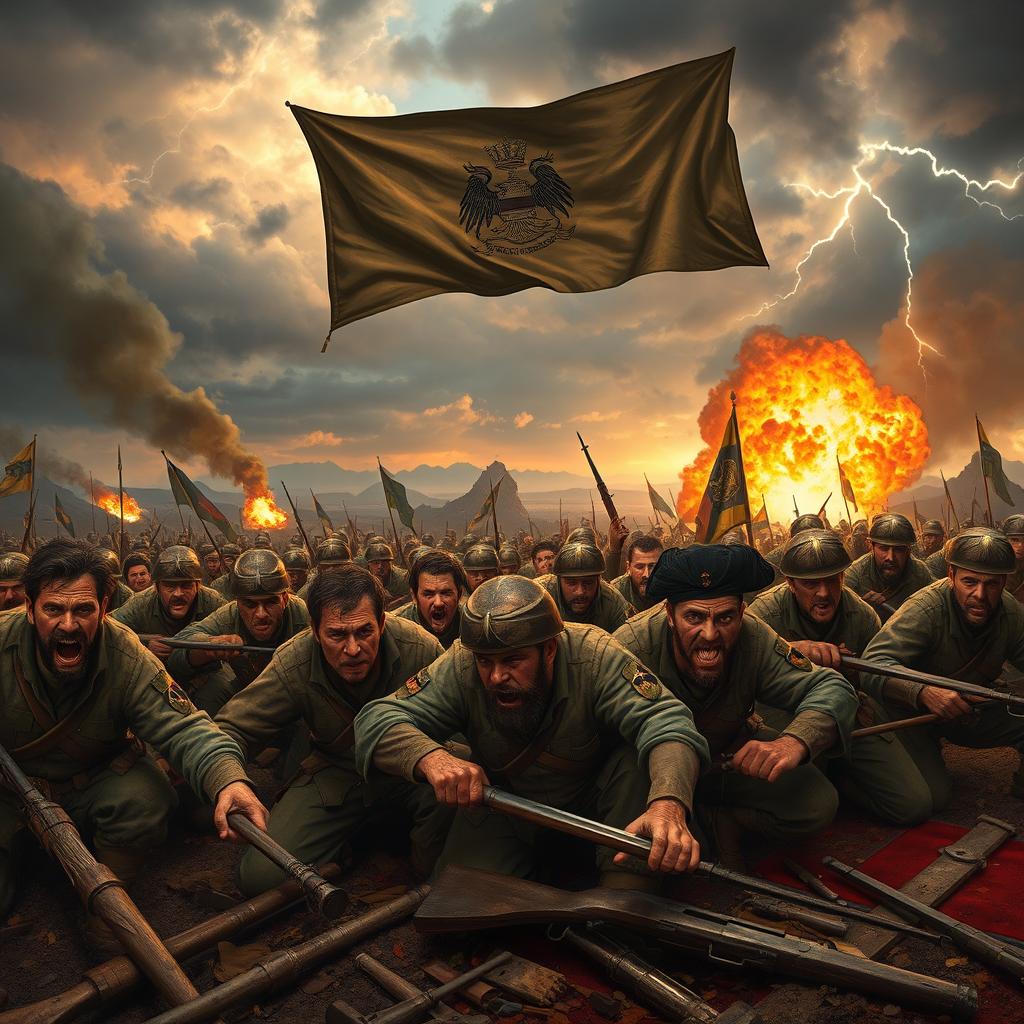 A powerful and intense scene from an epic war, depicting heroic soldiers in a dramatic battlefield setting