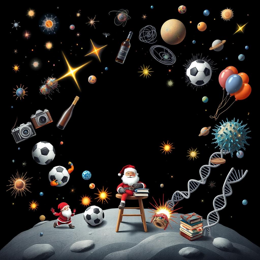 A vivid and imaginative cosmic scene with a black and gray background, featuring a central empty space