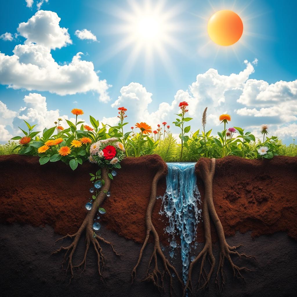 A captivating representation of atmospheric nutrition, illustrating the elements of air, sun, water, and earth in a harmonious, interconnected ecosystem