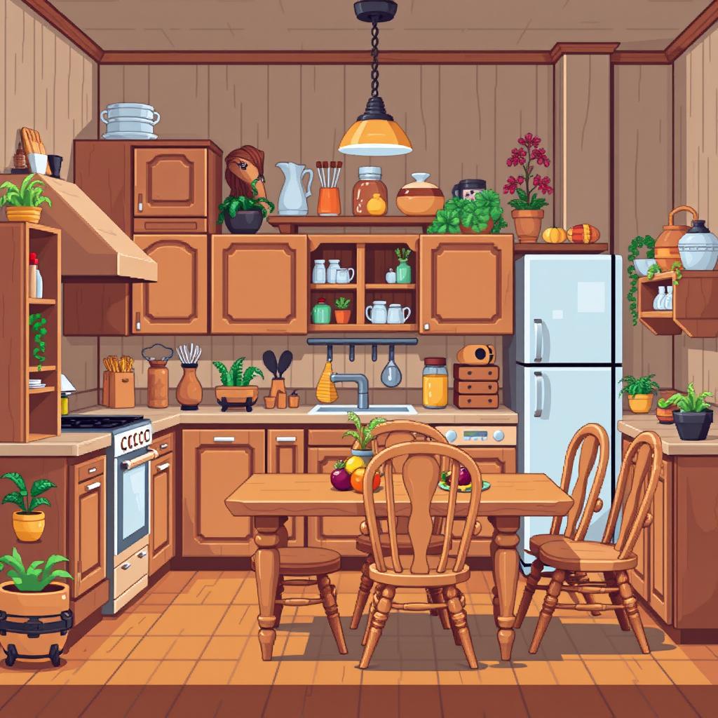 A vibrant pixel art kitchen filled with wooden furniture, showcasing delightful wooden cabinets, a sturdy dining table, and intricate wooden chairs