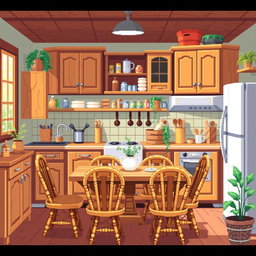 A vibrant pixel art kitchen filled with wooden furniture, showcasing delightful wooden cabinets, a sturdy dining table, and intricate wooden chairs