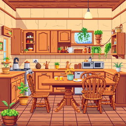 A vibrant pixel art kitchen filled with wooden furniture, showcasing delightful wooden cabinets, a sturdy dining table, and intricate wooden chairs