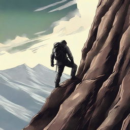 A high-quality digital art depicting a person climbing a rugged mountain