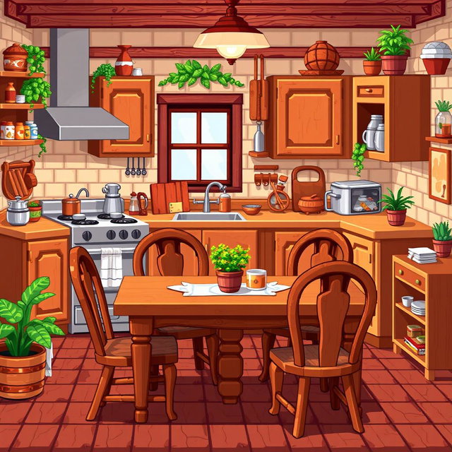 A vibrant pixel art kitchen filled with wooden furniture, showcasing delightful wooden cabinets, a sturdy dining table, and intricate wooden chairs