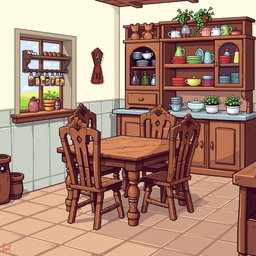Pixel art illustration of wooden kitchen furniture, featuring a rustic wooden table with intricate carvings, matching wooden chairs, and a vintage wooden cabinet filled with colorful dishes