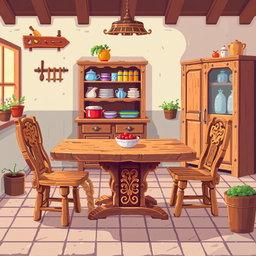 Pixel art illustration of wooden kitchen furniture, featuring a rustic wooden table with intricate carvings, matching wooden chairs, and a vintage wooden cabinet filled with colorful dishes