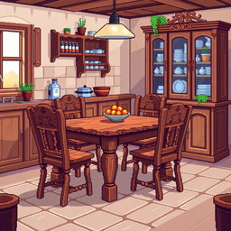 Pixel art illustration of wooden kitchen furniture, featuring a rustic wooden table with intricate carvings, matching wooden chairs, and a vintage wooden cabinet filled with colorful dishes