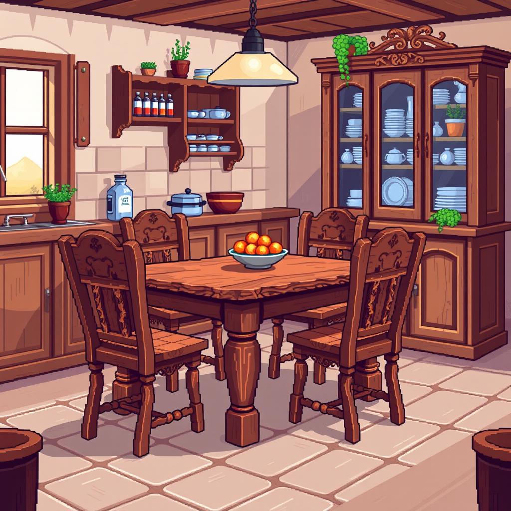 Pixel art illustration of wooden kitchen furniture, featuring a rustic wooden table with intricate carvings, matching wooden chairs, and a vintage wooden cabinet filled with colorful dishes