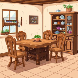Pixel art illustration of wooden kitchen furniture, featuring a rustic wooden table with intricate carvings, matching wooden chairs, and a vintage wooden cabinet filled with colorful dishes