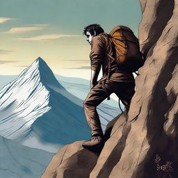 A high-quality digital art depicting a person climbing a rugged mountain