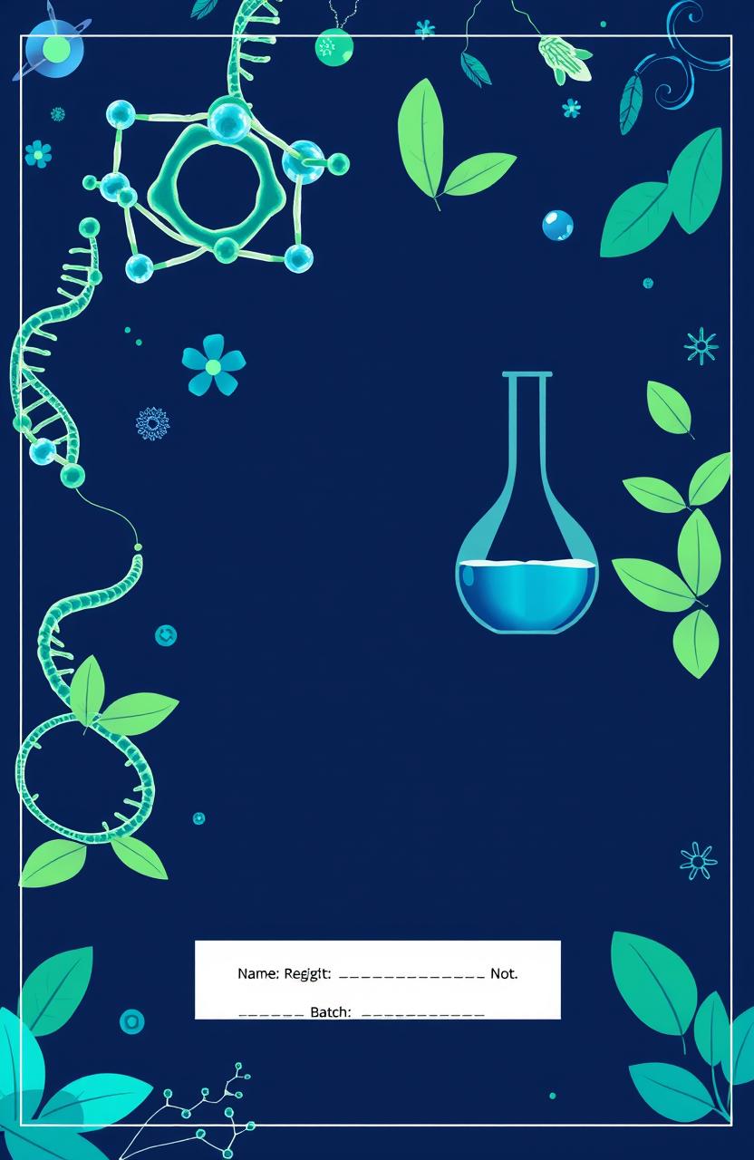 A visually appealing cover page for a science themed project featuring intricate molecular structures, beautifully rendered DNA strands, and elegantly designed chemical flasks