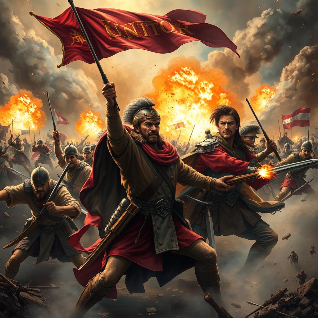 A powerful depiction of a heroic battle scene, illustrating valiant soldiers engaged in an intense war setting